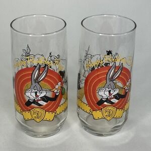 2 Vtg Happy Birthday Bugs Bunny Glass 50th Anniversary Warner Bros Looney Tunes